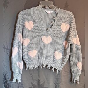No Boundaries Gray V-Neck Sweater with Pink Hearts